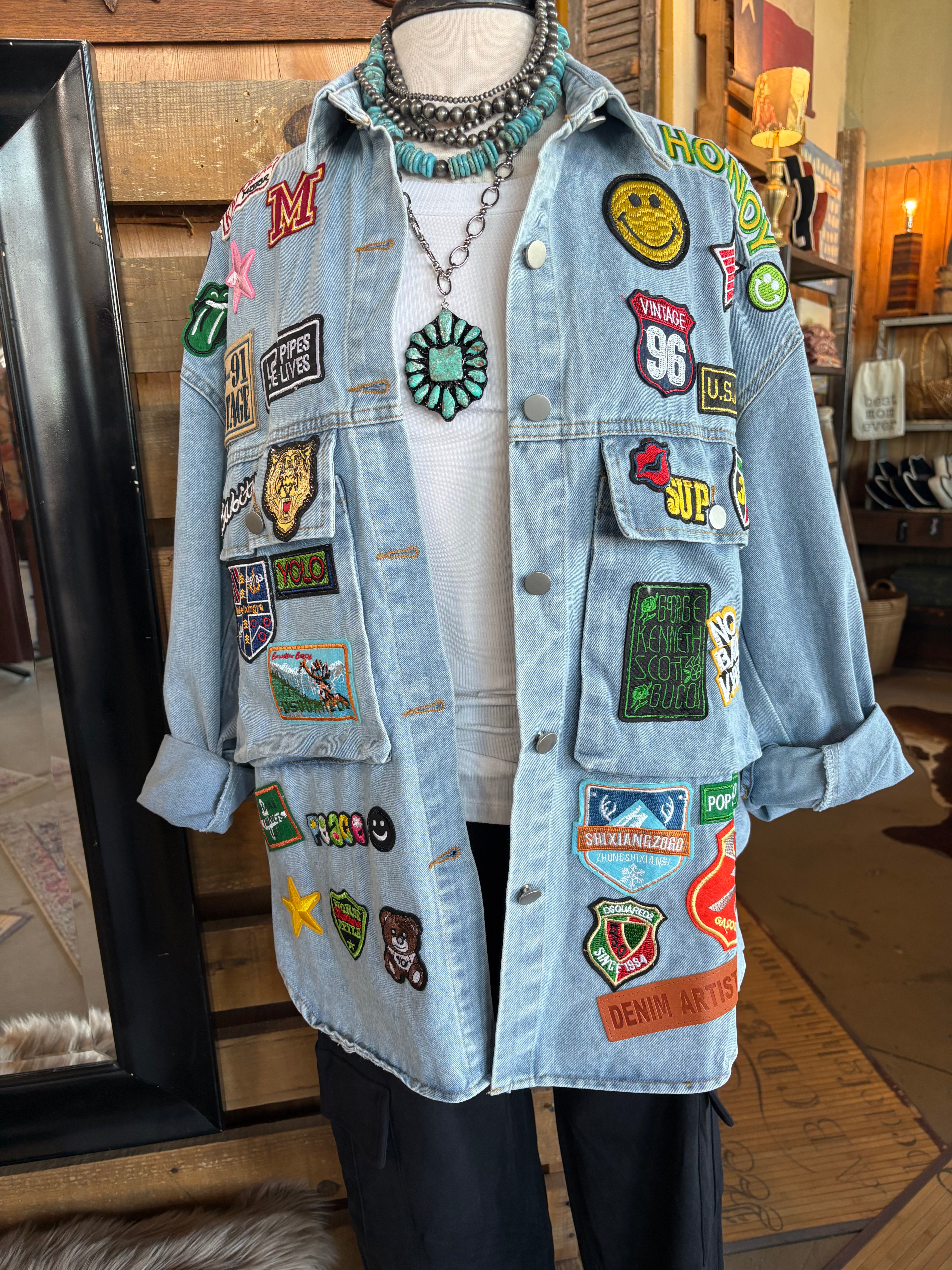 Multi Patch Oversized Denim Shirt Jacket-Denim Jacket-HiteJeans-Stuffology - Where Vintage Meets Modern, A Boutique for Real Women in Crosbyton, TX