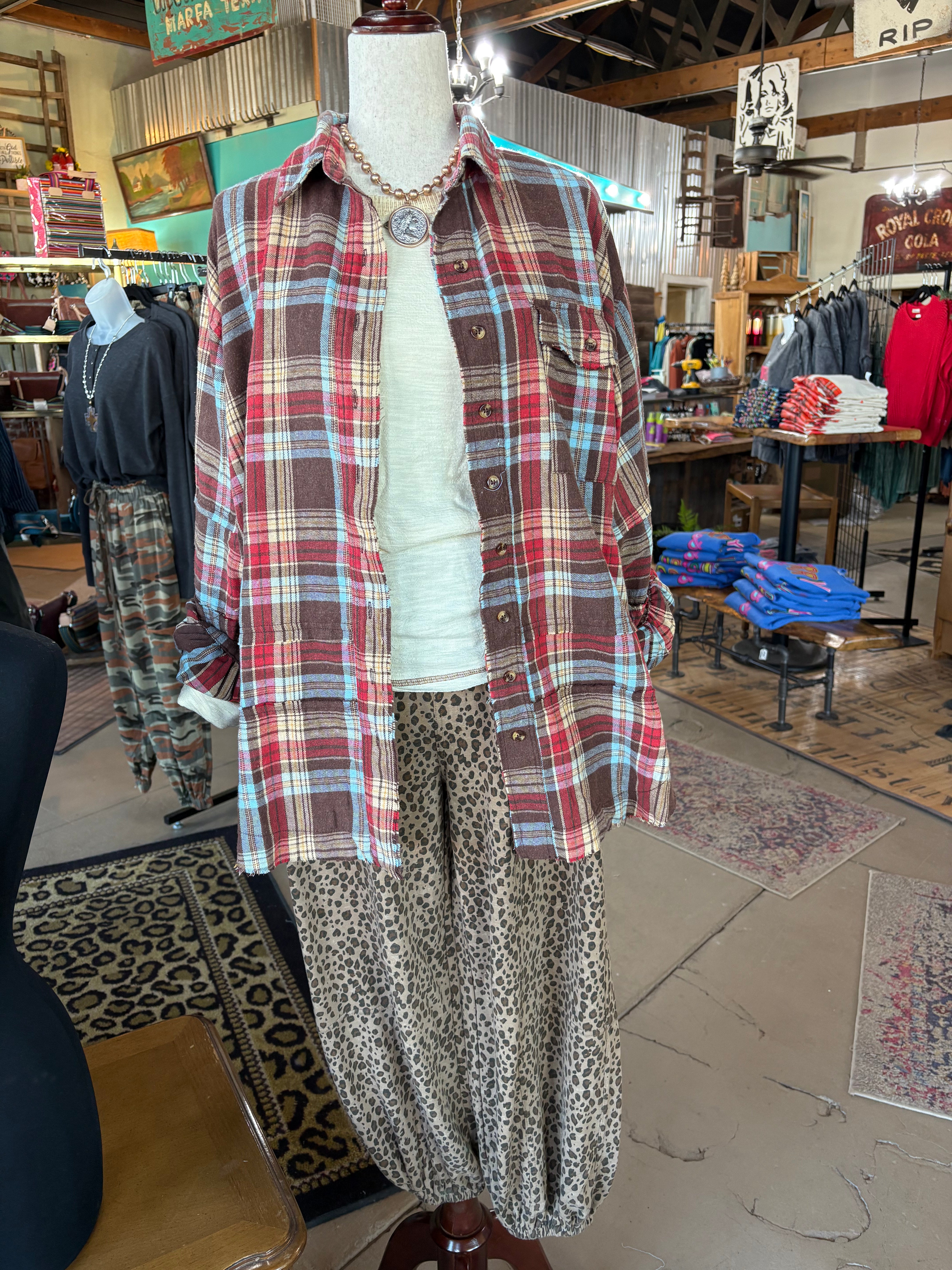 Long Sleeve Mineral Washed Plaid Flannel Tunic Top - Easel-TOP-EASEL-Stuffology - Where Vintage Meets Modern, A Boutique for Real Women in Crosbyton, TX