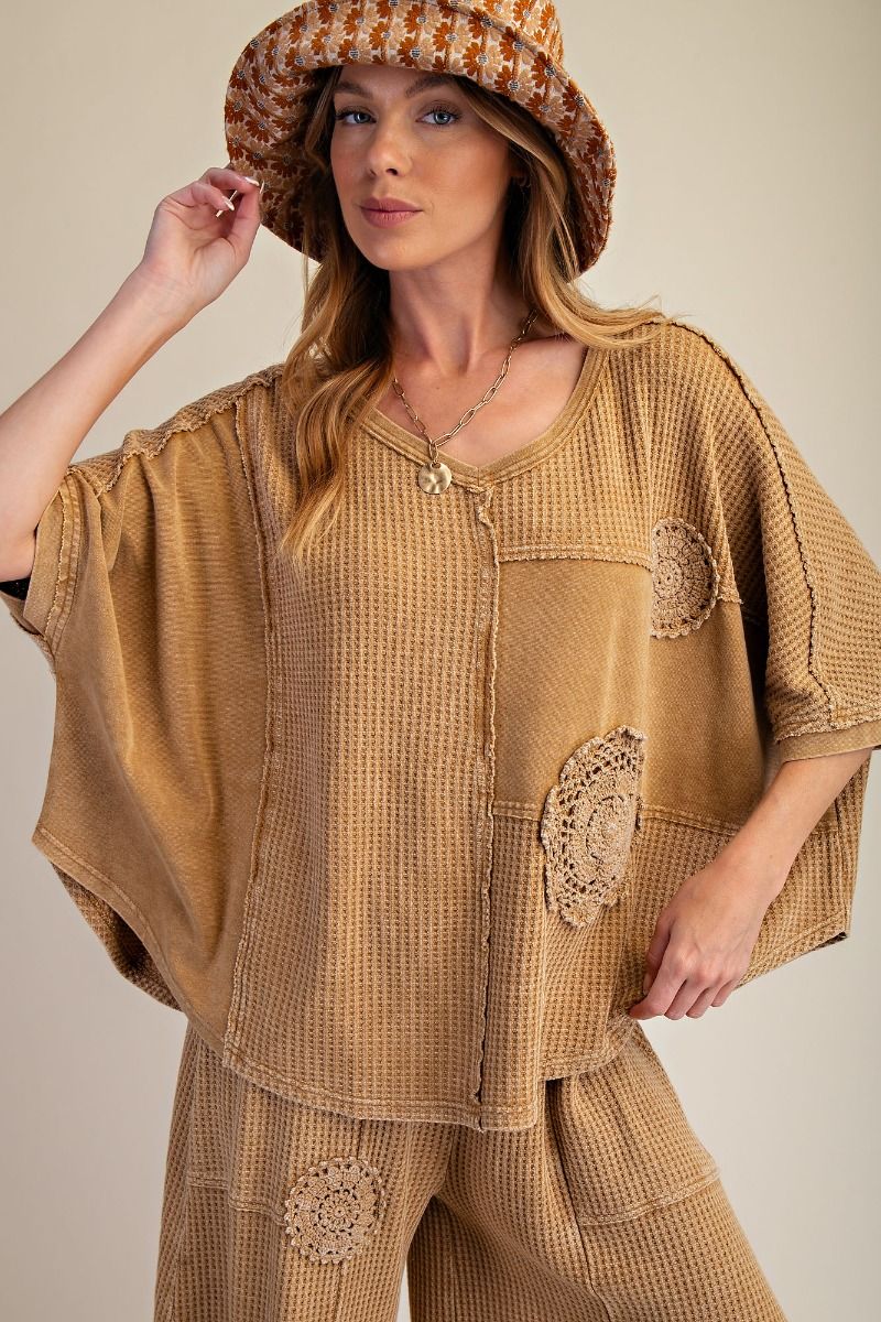 Crochet Patch Waffle Knit Top-Oversized Top-Stuffology Boutique -Stuffology - Where Vintage Meets Modern, A Boutique for Real Women in Crosbyton, TX