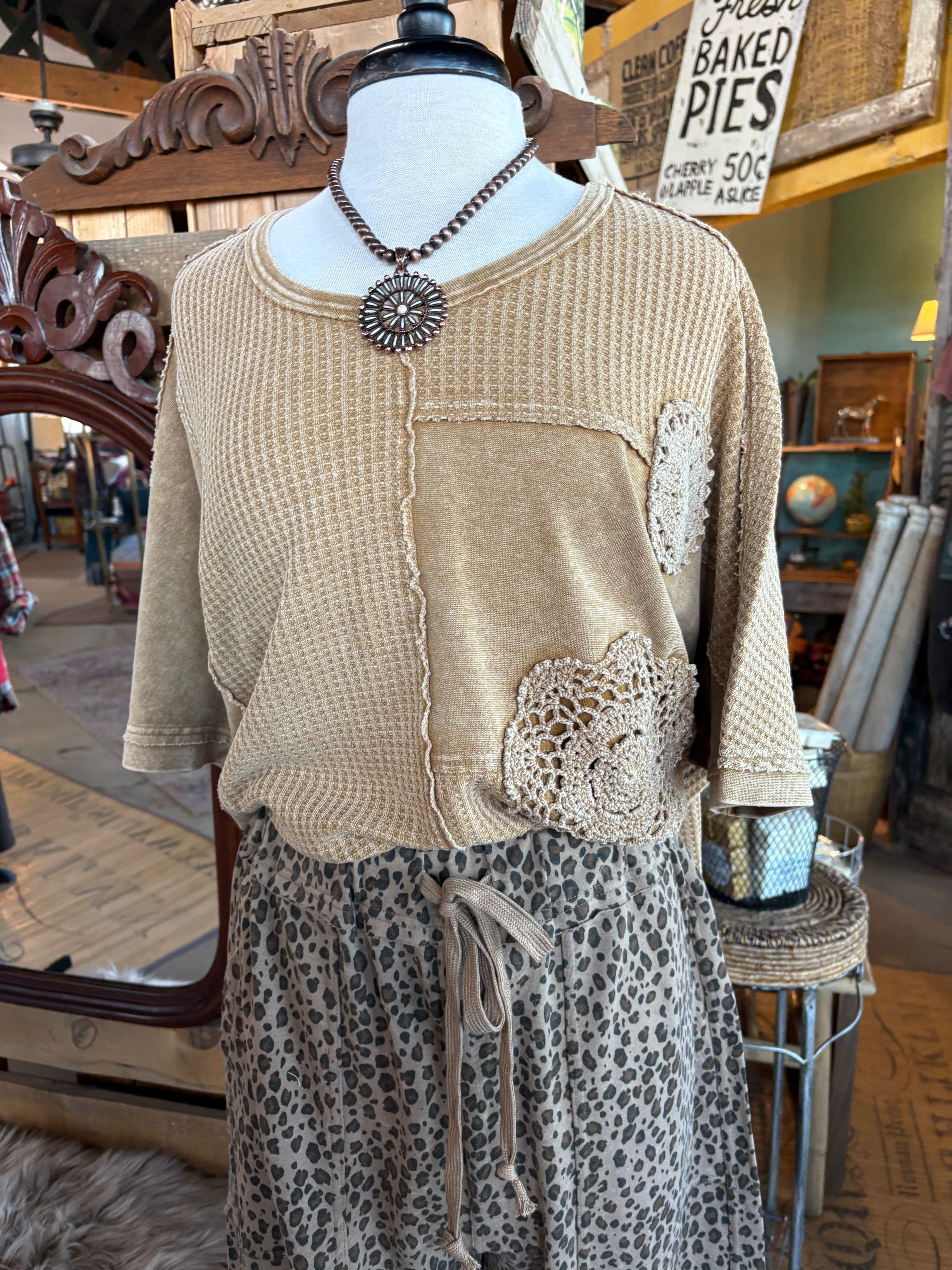 Crochet Patch Waffle Knit Top-Oversized Top-Stuffology Boutique -Stuffology - Where Vintage Meets Modern, A Boutique for Real Women in Crosbyton, TX