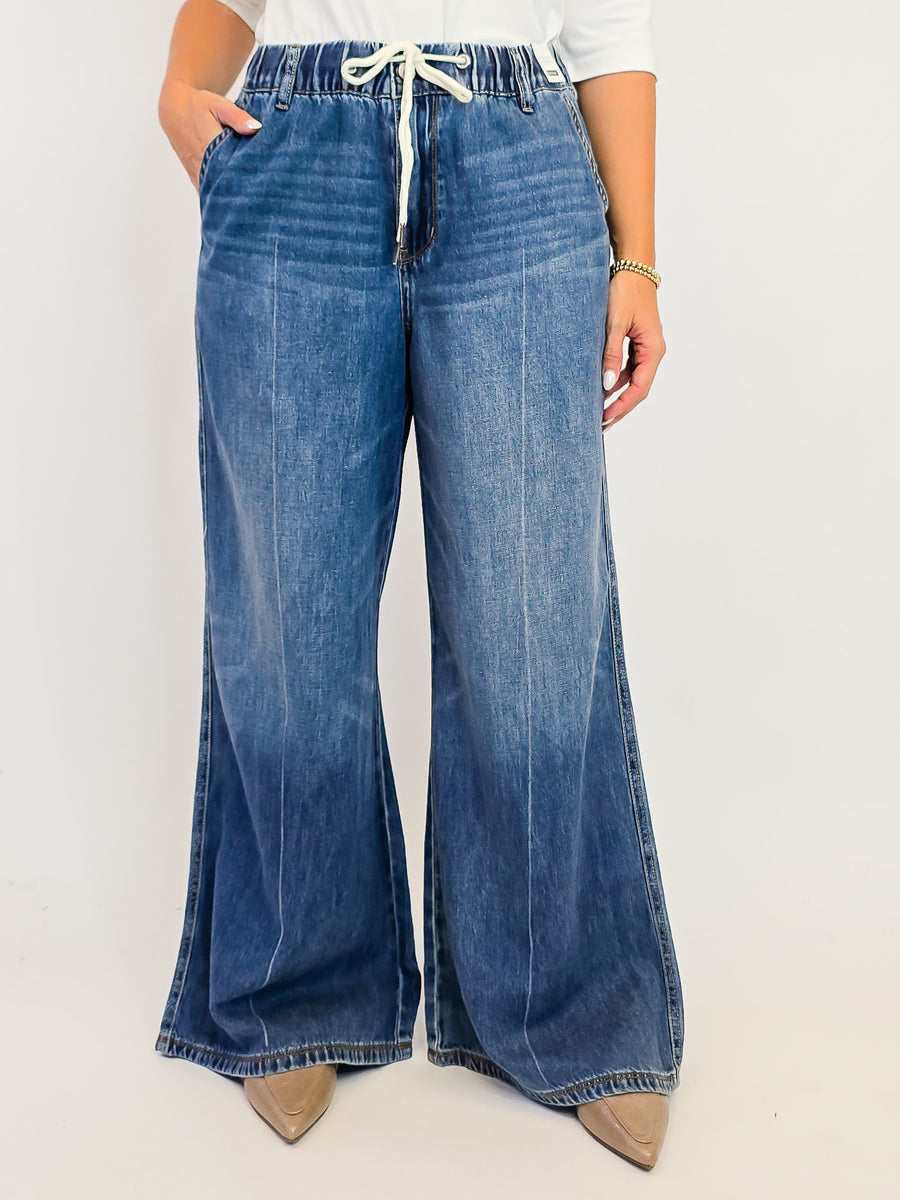 Judy Blue Drawstring Palazzo Jeans-Jeans-JUDY BLUE-Stuffology - Where Vintage Meets Modern, A Boutique for Real Women in Crosbyton, TX