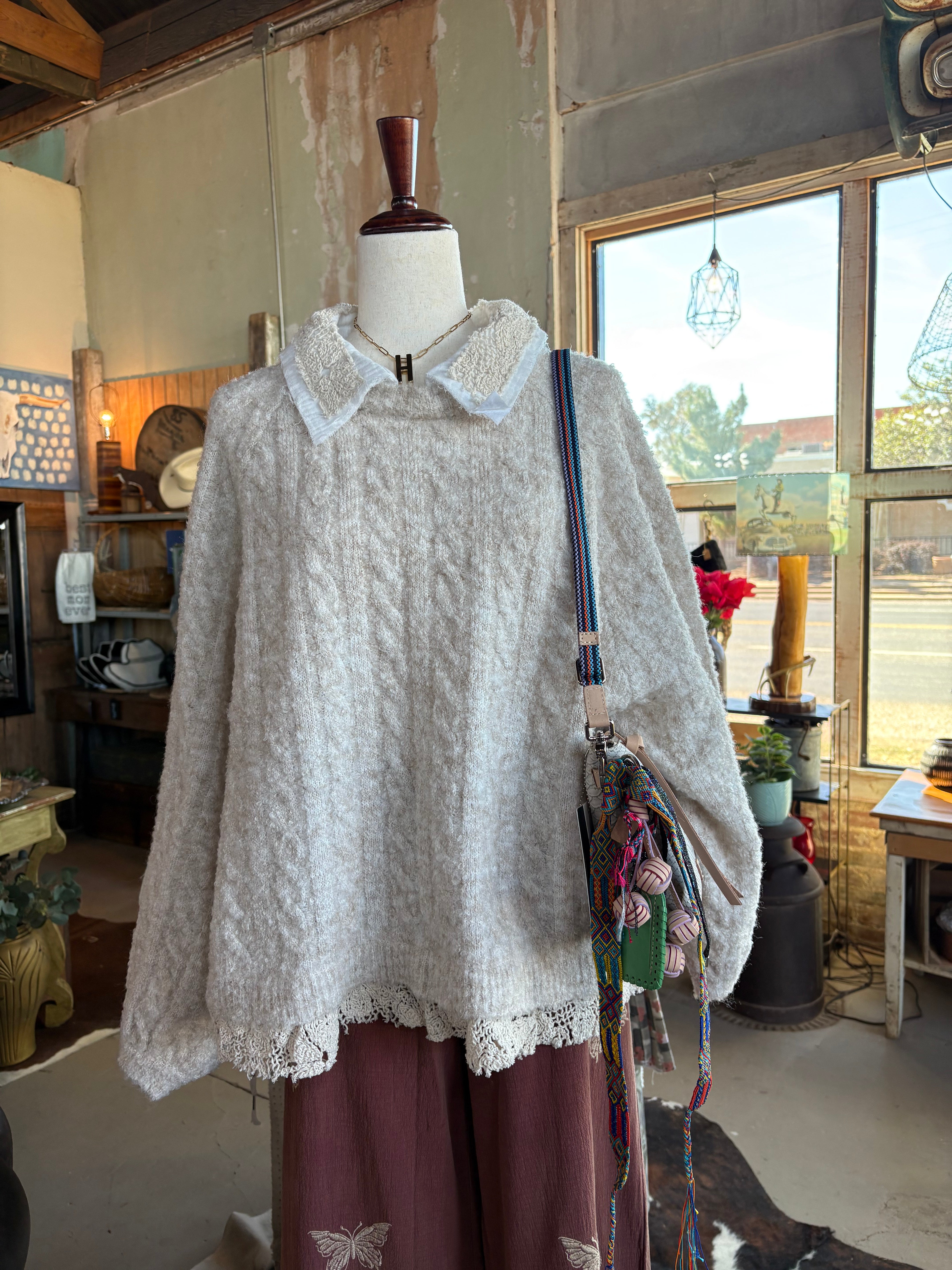 Collar neck double gauze crochet patch solid sweater top - POL Clothing-Sweaters-Pol Clothing-Stuffology - Where Vintage Meets Modern, A Boutique for Real Women in Crosbyton, TX