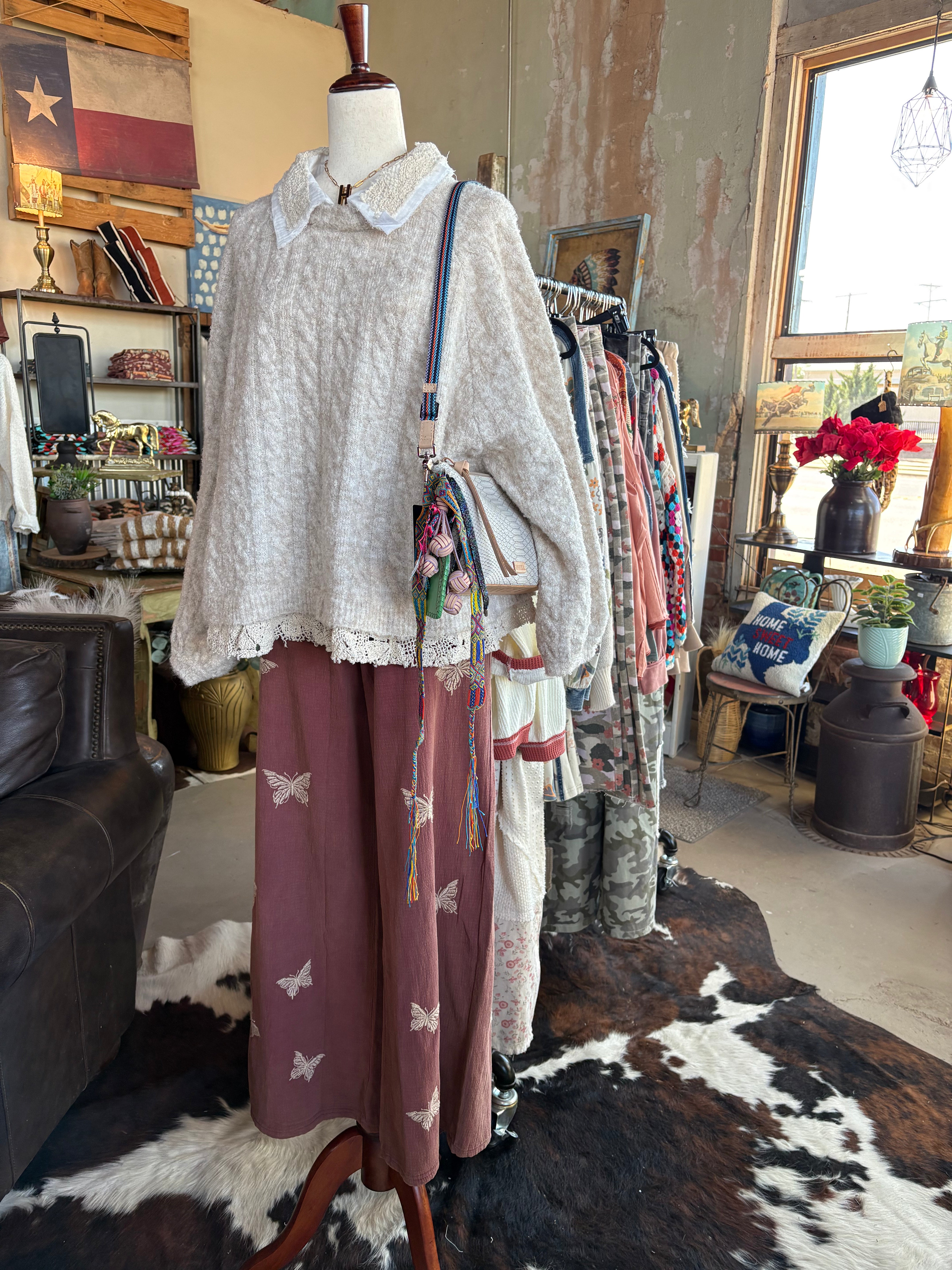 Collar neck double gauze crochet patch solid sweater top - POL Clothing-Sweaters-Pol Clothing-Stuffology - Where Vintage Meets Modern, A Boutique for Real Women in Crosbyton, TX