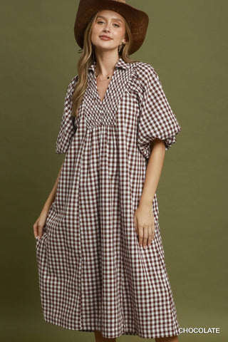 Chocolate Gingham Smocked Midi Dress-Dresses-Umgee-Stuffology - Where Vintage Meets Modern, A Boutique for Real Women in Crosbyton, TX