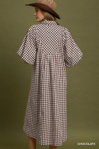 Chocolate Gingham Smocked Midi Dress-Dresses-Umgee-Stuffology - Where Vintage Meets Modern, A Boutique for Real Women in Crosbyton, TX
