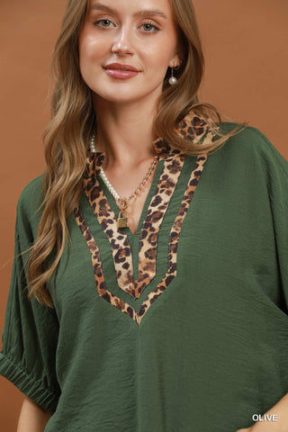 Olive Leopard Trim Dolman Sleeve Top-Dolman Sleeve Top-Umgee-Stuffology - Where Vintage Meets Modern, A Boutique for Real Women in Crosbyton, TX