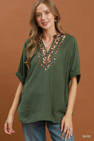 Olive Leopard Trim Dolman Sleeve Top-Dolman Sleeve Top-Umgee-Stuffology - Where Vintage Meets Modern, A Boutique for Real Women in Crosbyton, TX