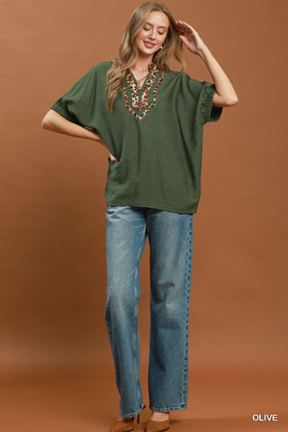 Olive Leopard Trim Dolman Sleeve Top-Dolman Sleeve Top-Umgee-Stuffology - Where Vintage Meets Modern, A Boutique for Real Women in Crosbyton, TX