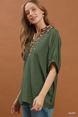 Olive Leopard Trim Dolman Sleeve Top-Dolman Sleeve Top-Umgee-Stuffology - Where Vintage Meets Modern, A Boutique for Real Women in Crosbyton, TX
