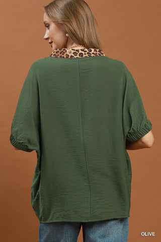 Olive Leopard Trim Dolman Sleeve Top-Dolman Sleeve Top-Umgee-Stuffology - Where Vintage Meets Modern, A Boutique for Real Women in Crosbyton, TX