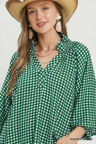 Hunter Green Gingham Puff Sleeve Top-TOP-Umgee-Stuffology - Where Vintage Meets Modern, A Boutique for Real Women in Crosbyton, TX