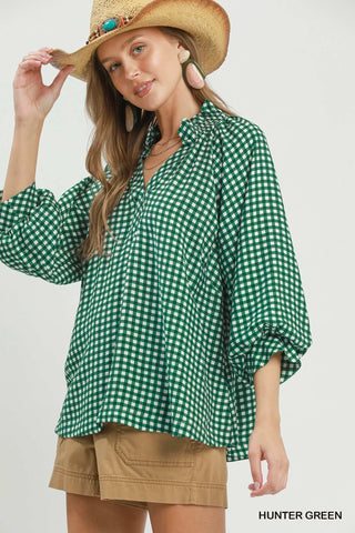 Hunter Green Gingham Puff Sleeve Top-TOP-Umgee-Stuffology - Where Vintage Meets Modern, A Boutique for Real Women in Crosbyton, TX