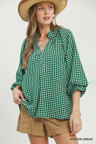 Hunter Green Gingham Puff Sleeve Top-TOP-Umgee-Stuffology - Where Vintage Meets Modern, A Boutique for Real Women in Crosbyton, TX