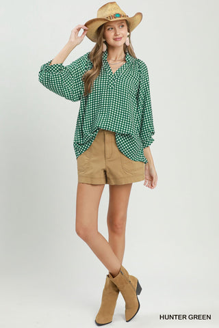 Hunter Green Gingham Puff Sleeve Top-TOP-Umgee-Stuffology - Where Vintage Meets Modern, A Boutique for Real Women in Crosbyton, TX