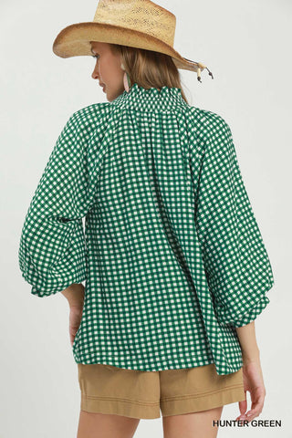 Hunter Green Gingham Puff Sleeve Top-TOP-Umgee-Stuffology - Where Vintage Meets Modern, A Boutique for Real Women in Crosbyton, TX