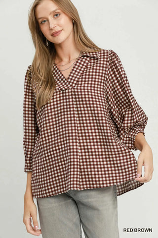 Red Brown Gingham Puff Sleeve Top-TOP-Umgee-Stuffology - Where Vintage Meets Modern, A Boutique for Real Women in Crosbyton, TX