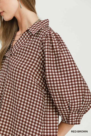 Red Brown Gingham Puff Sleeve Top-TOP-Umgee-Stuffology - Where Vintage Meets Modern, A Boutique for Real Women in Crosbyton, TX