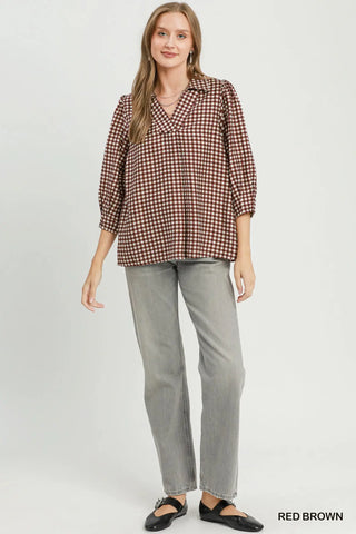 Red Brown Gingham Puff Sleeve Top-TOP-Umgee-Stuffology - Where Vintage Meets Modern, A Boutique for Real Women in Crosbyton, TX