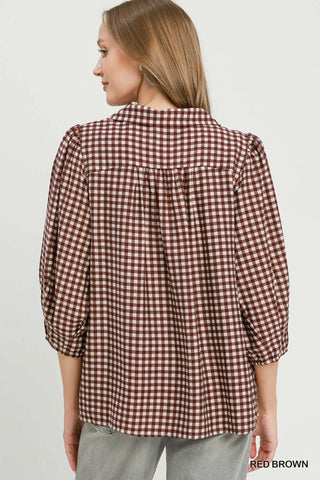 Red Brown Gingham Puff Sleeve Top-TOP-Umgee-Stuffology - Where Vintage Meets Modern, A Boutique for Real Women in Crosbyton, TX