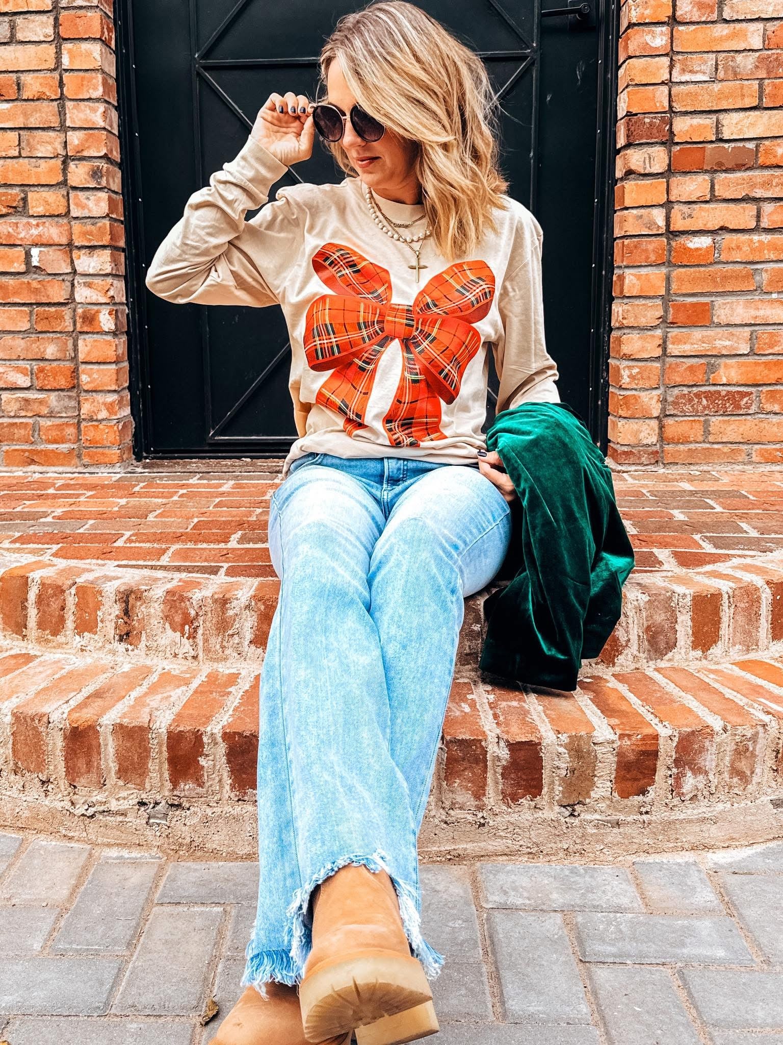 Long Sleeve Plaid Bow Graphic Tee-Graphic Tees-Prickly Pear TX-Stuffology - Where Vintage Meets Modern, A Boutique for Real Women in Crosbyton, TX