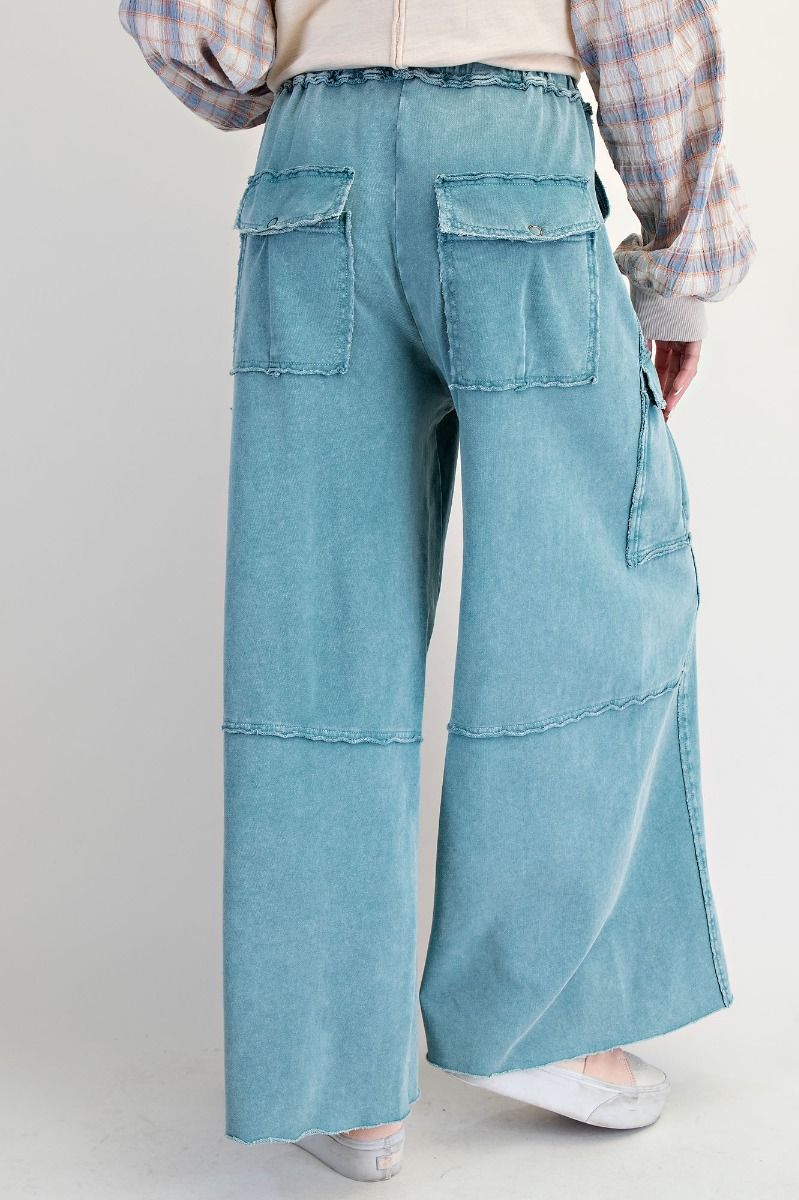 Washed Wide Leg Cargo Pants - Teal-pants-EASEL-Stuffology - Where Vintage Meets Modern, A Boutique for Real Women in Crosbyton, TX