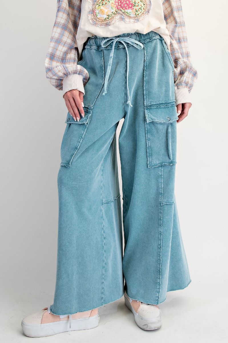 Washed Wide Leg Cargo Pants - Teal-pants-EASEL-Stuffology - Where Vintage Meets Modern, A Boutique for Real Women in Crosbyton, TX