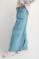 Washed Wide Leg Cargo Pants - Teal-pants-EASEL-Stuffology - Where Vintage Meets Modern, A Boutique for Real Women in Crosbyton, TX