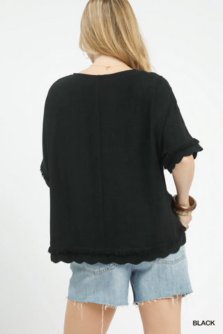 Black Linen Frayed Hem Scallop Edge Top-Blouse-Umgee-Stuffology - Where Vintage Meets Modern, A Boutique for Real Women in Crosbyton, TX