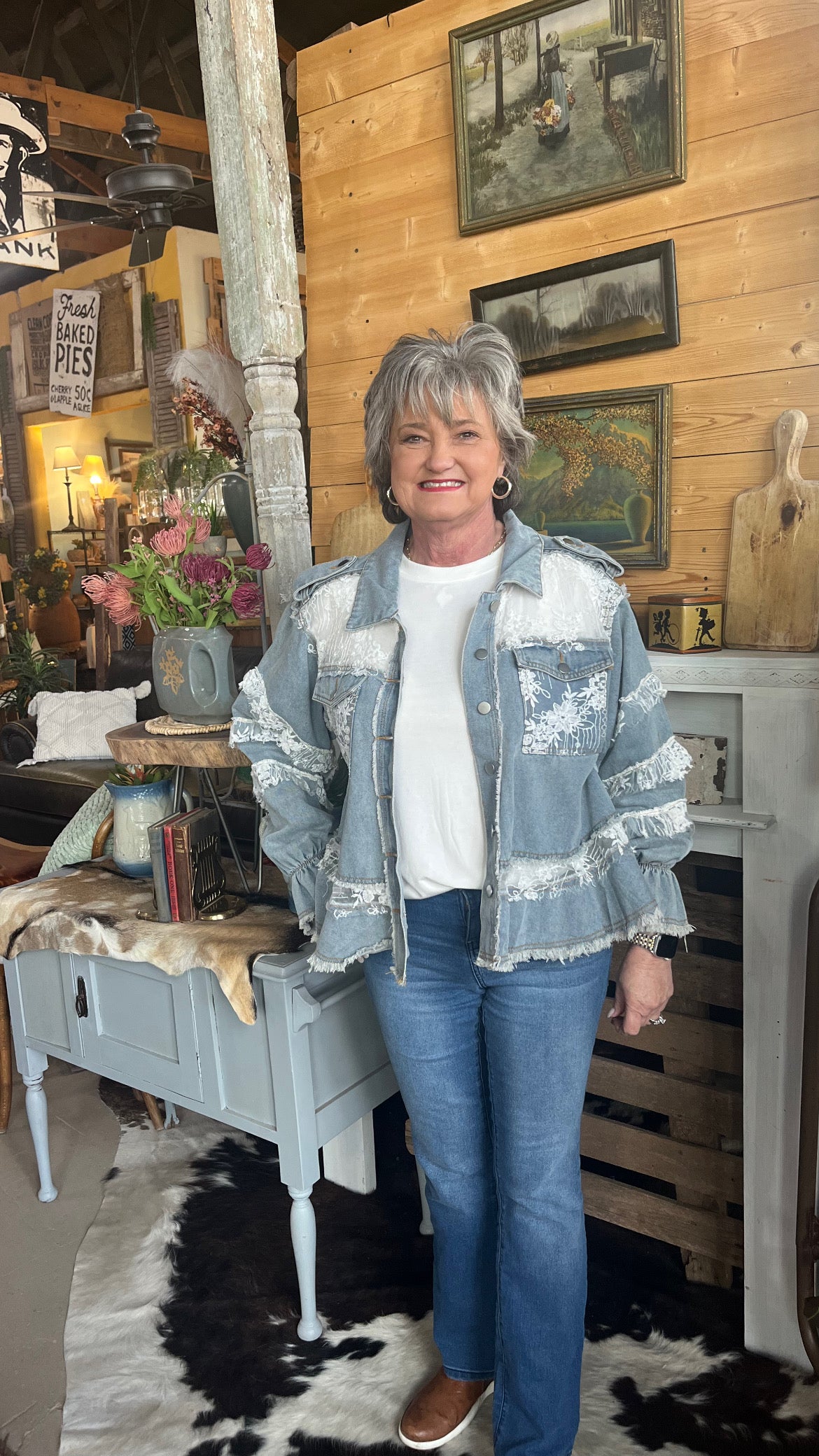 POL Clothing Lace Trim and Panel Collared Button Down Denim Jacket-Jackets-Pol Clothing-Stuffology - Where Vintage Meets Modern, A Boutique for Real Women in Crosbyton, TX