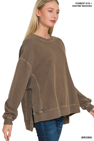 Pigment-Dyed French Terry Hi-Low Pullover Top-SWEATSHIRT-Zenana-Stuffology - Where Vintage Meets Modern, A Boutique for Real Women in Crosbyton, TX