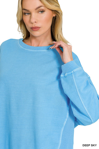 Pigment-Dyed French Terry Hi-Low Pullover Top-SWEATSHIRT-Zenana-Stuffology - Where Vintage Meets Modern, A Boutique for Real Women in Crosbyton, TX