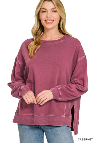 Pigment-Dyed French Terry Hi-Low Pullover Top-SWEATSHIRT-Zenana-Stuffology - Where Vintage Meets Modern, A Boutique for Real Women in Crosbyton, TX
