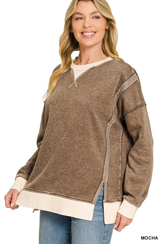 Acid Washed Contrast Trim Pullover Top-SWEATSHIRT-Zenana-Stuffology - Where Vintage Meets Modern, A Boutique for Real Women in Crosbyton, TX