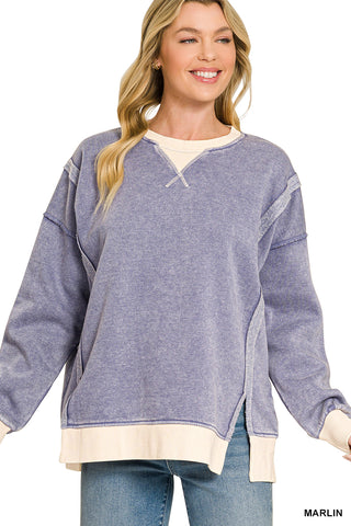 Acid Washed Contrast Trim Pullover Top-SWEATSHIRT-Zenana-Stuffology - Where Vintage Meets Modern, A Boutique for Real Women in Crosbyton, TX