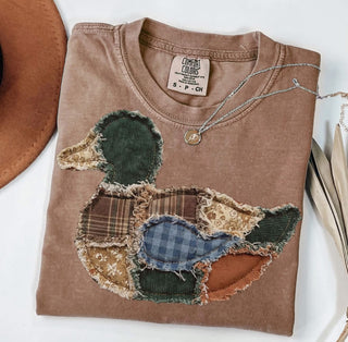 Faux Fringe Patchwork Mallard Graphic Tee-Graphic Tees-Dash Forward-Stuffology - Where Vintage Meets Modern, A Boutique for Real Women in Crosbyton, TX