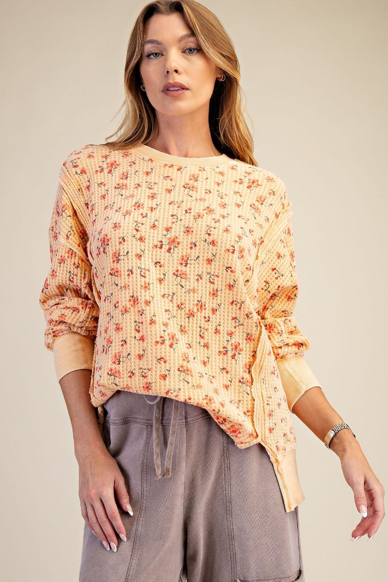 Floral Waffle Knit Thermal Pullover-Pullover Top-Easel-Stuffology - Where Vintage Meets Modern, A Boutique for Real Women in Crosbyton, TX