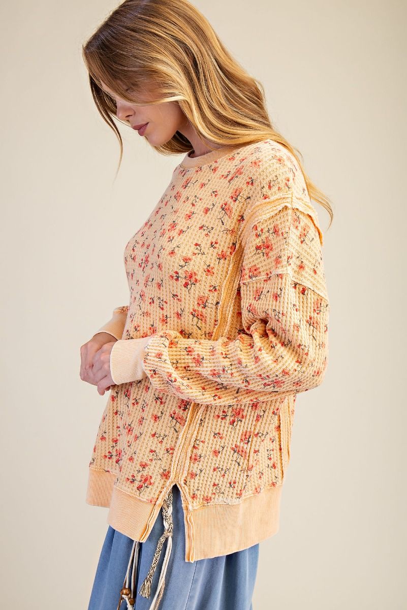 Floral Waffle Knit Thermal Pullover-Pullover Top-Easel-Stuffology - Where Vintage Meets Modern, A Boutique for Real Women in Crosbyton, TX