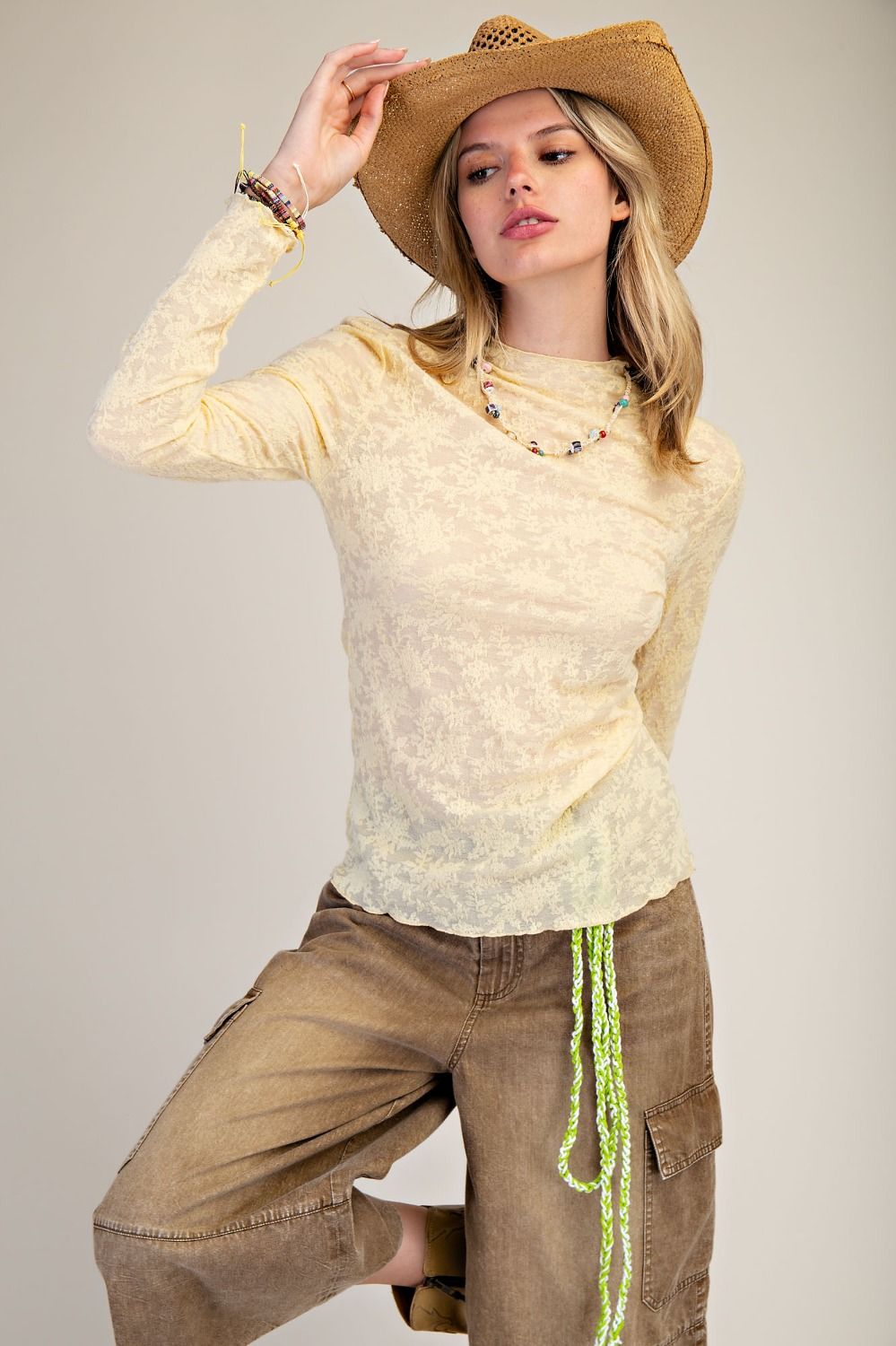 Textured Sheer Floral Knit Top - Banana-MESH TOP-Easel-Stuffology - Where Vintage Meets Modern, A Boutique for Real Women in Crosbyton, TX