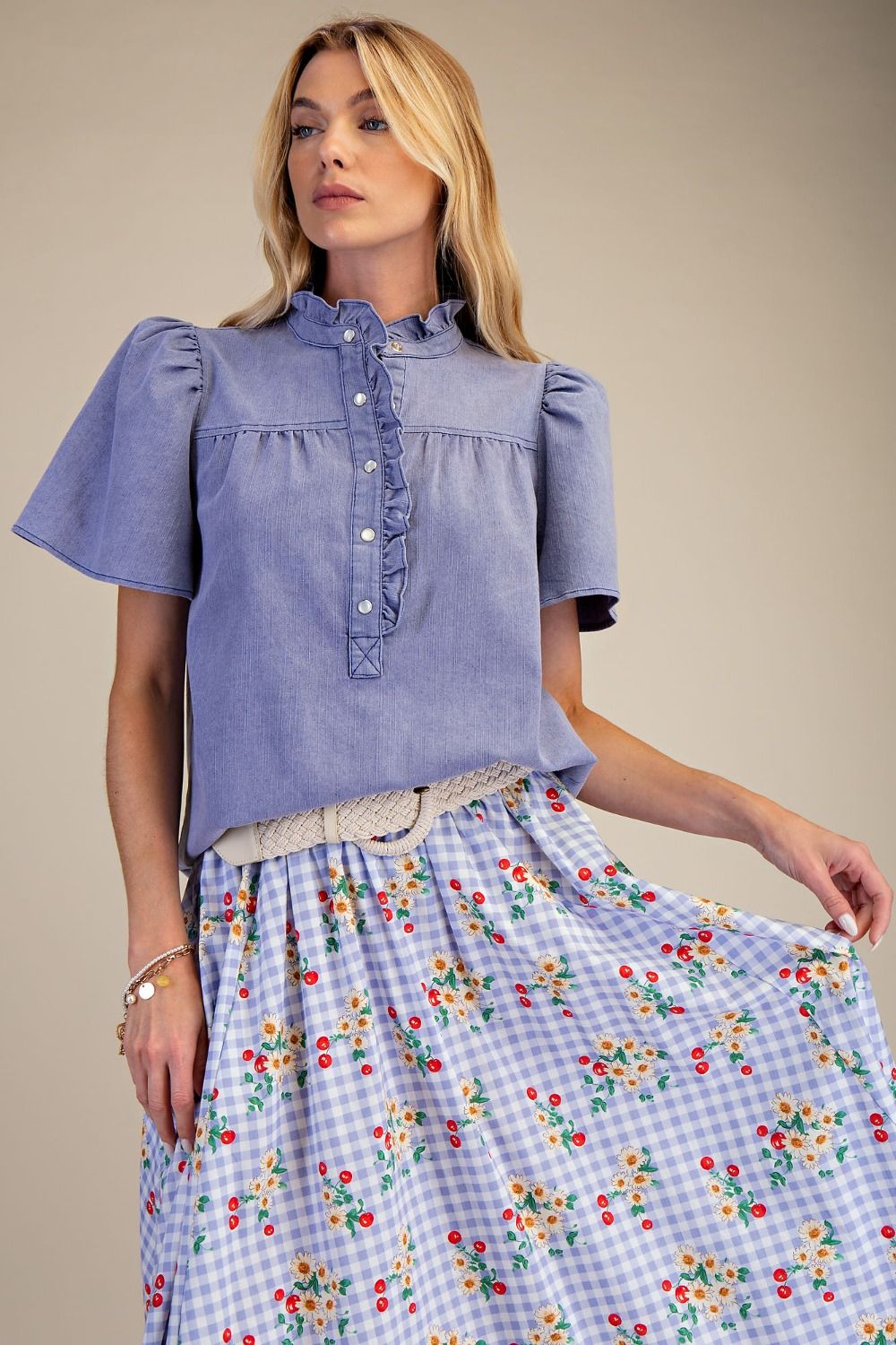 Washed Chambray Ruffle Button Top-Tops-Stuffology Boutique -Stuffology - Where Vintage Meets Modern, A Boutique for Real Women in Crosbyton, TX