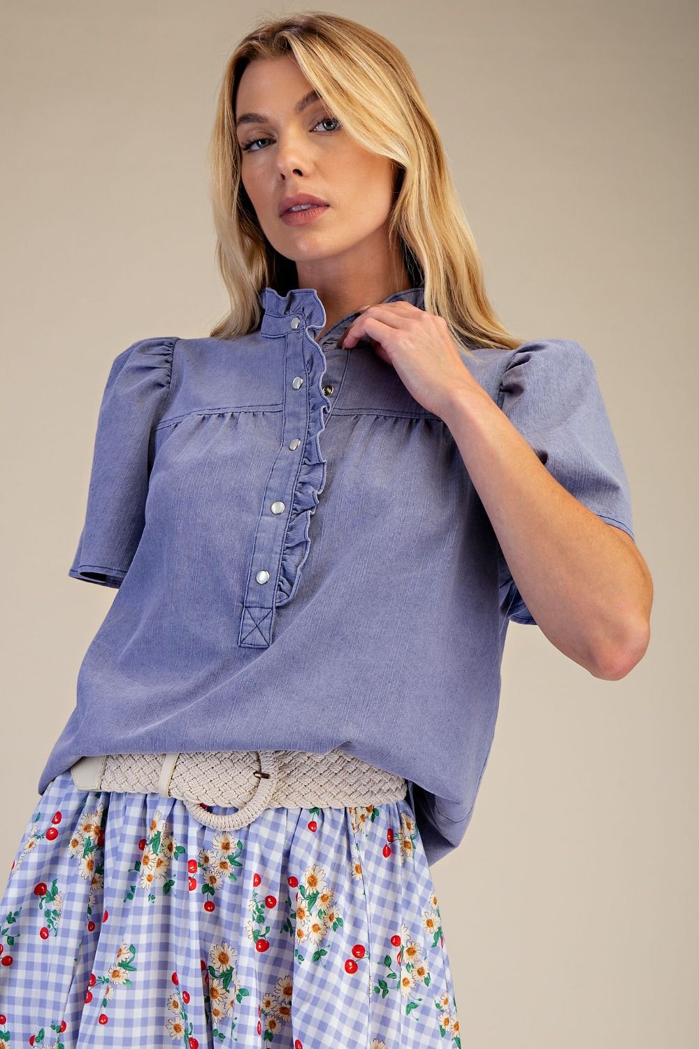 Washed Chambray Ruffle Button Top-Tops-Stuffology Boutique -Stuffology - Where Vintage Meets Modern, A Boutique for Real Women in Crosbyton, TX