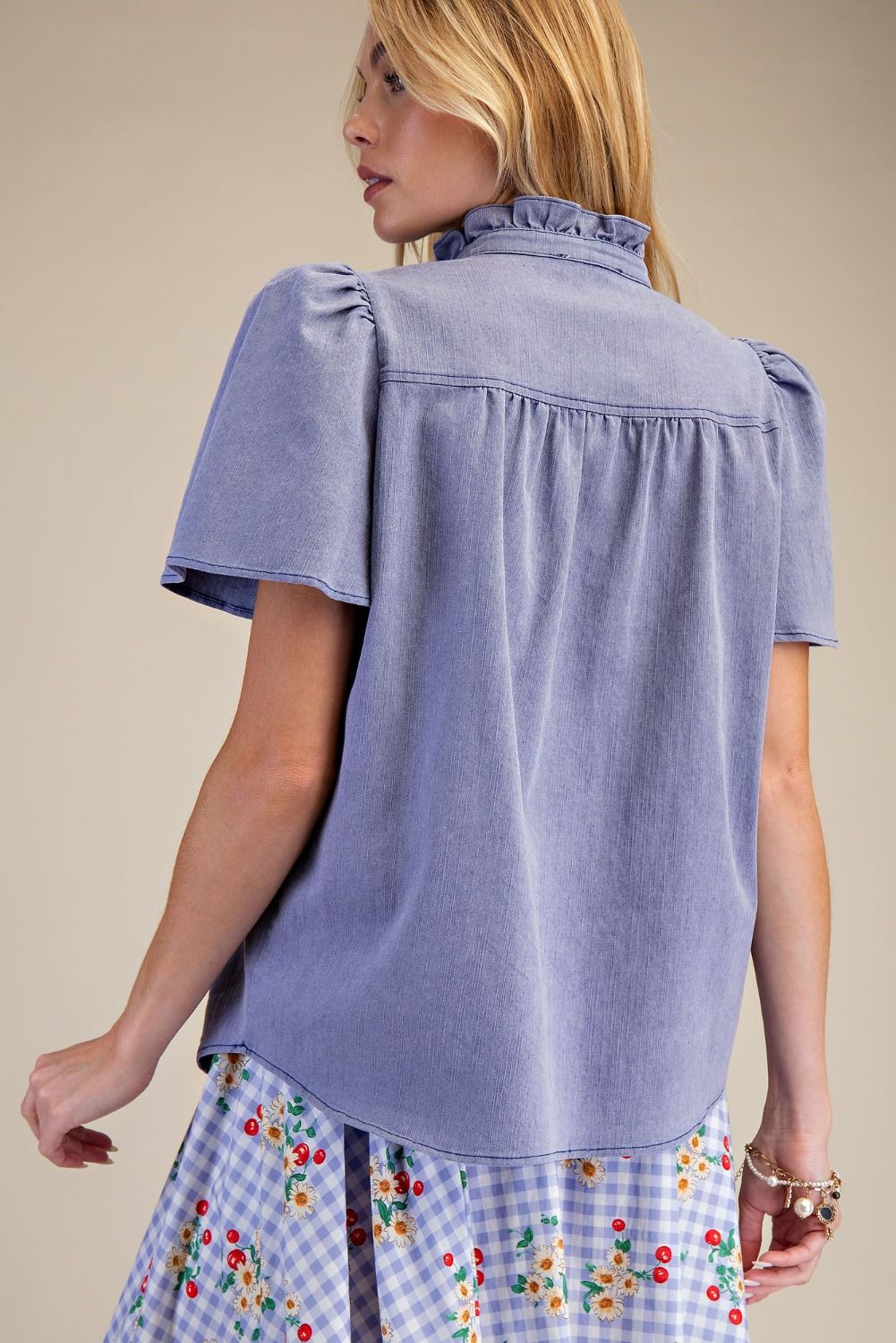 Washed Chambray Ruffle Button Top-Tops-Stuffology Boutique -Stuffology - Where Vintage Meets Modern, A Boutique for Real Women in Crosbyton, TX