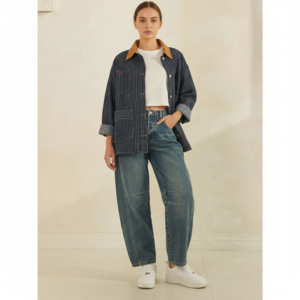 VINTAGE PINSTRIPE WORKWEAR JACKET-Denim Jacket-J.O.A-Stuffology - Where Vintage Meets Modern, A Boutique for Real Women in Crosbyton, TX