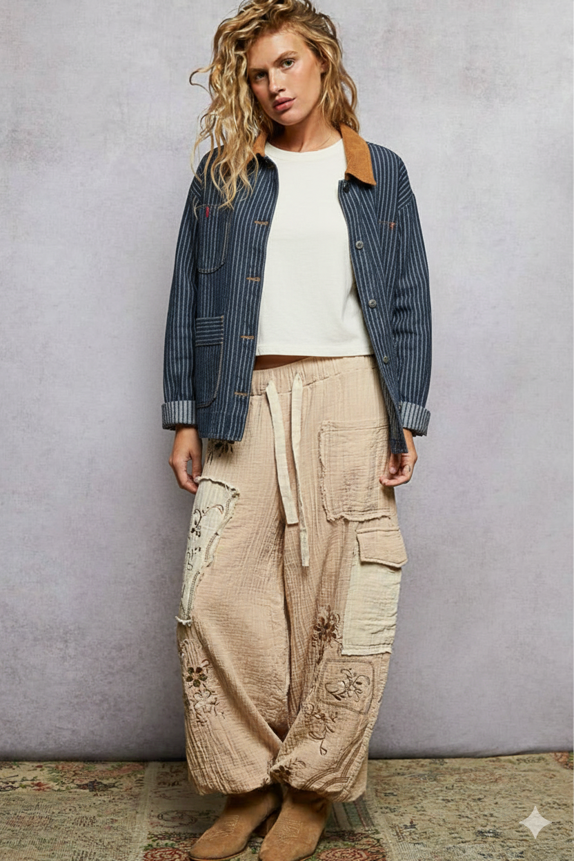 VINTAGE PINSTRIPE WORKWEAR JACKET-Denim Jacket-J.O.A-Stuffology - Where Vintage Meets Modern, A Boutique for Real Women in Crosbyton, TX