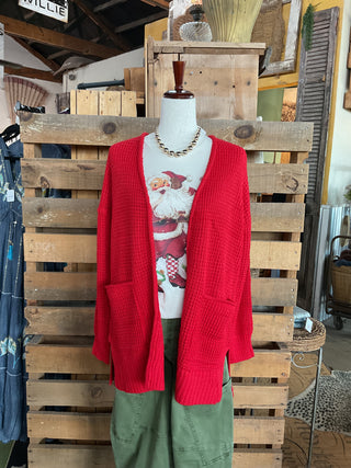 Red Waffle Knit Pocket Cardigan-ZENANA-Stuffology - Where Vintage Meets Modern, A Boutique for Real Women in Crosbyton, TX