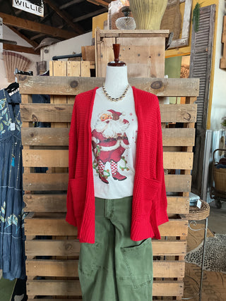 Red Waffle Knit Pocket Cardigan-ZENANA-Stuffology - Where Vintage Meets Modern, A Boutique for Real Women in Crosbyton, TX