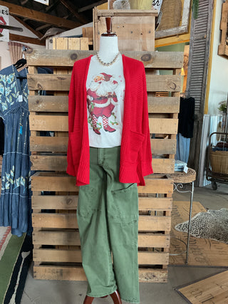 Red Waffle Knit Pocket Cardigan-ZENANA-Stuffology - Where Vintage Meets Modern, A Boutique for Real Women in Crosbyton, TX