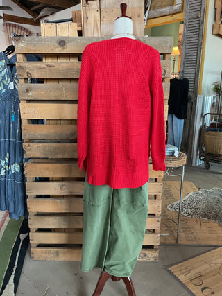 Red Waffle Knit Pocket Cardigan-ZENANA-Stuffology - Where Vintage Meets Modern, A Boutique for Real Women in Crosbyton, TX