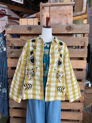 POL Clothing Plaid Embroidered Wooden Button Down Shirt Jacket-Jackets-Pol Clothing-Stuffology - Where Vintage Meets Modern, A Boutique for Real Women in Crosbyton, TX