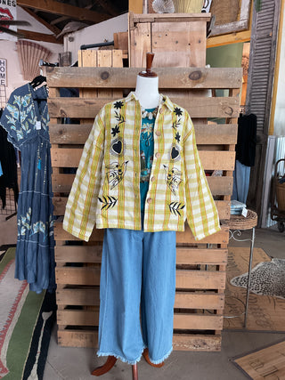 POL Clothing Plaid Embroidered Wooden Button Down Shirt Jacket-Jackets-Pol Clothing-Stuffology - Where Vintage Meets Modern, A Boutique for Real Women in Crosbyton, TX