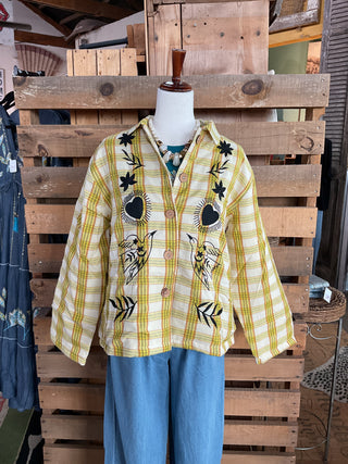 POL Clothing Plaid Embroidered Wooden Button Down Shirt Jacket-Jackets-Pol Clothing-Stuffology - Where Vintage Meets Modern, A Boutique for Real Women in Crosbyton, TX